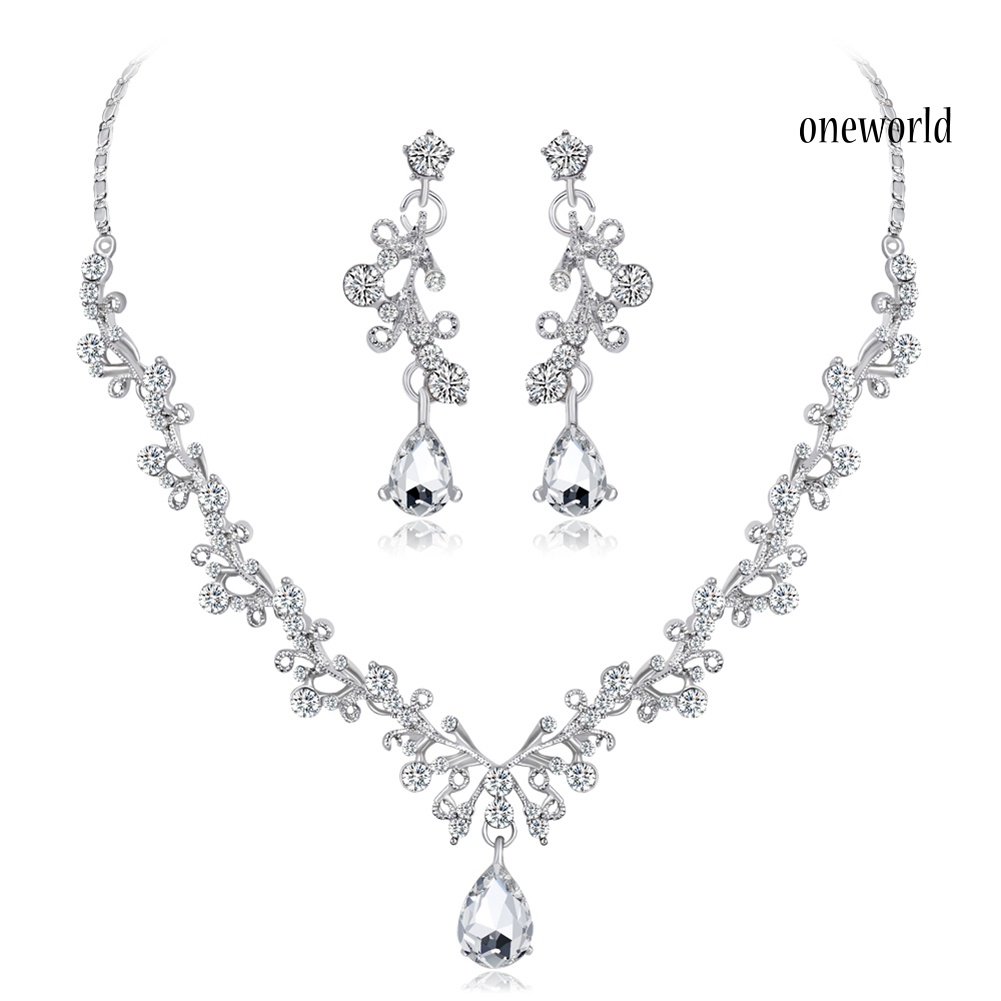 OW@ Women Fashion Rhinestone Teardrop Pendant Necklace Dangle Earrings Jewelry Set