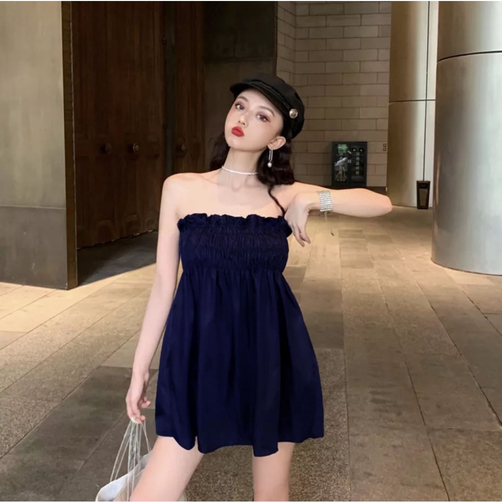 Semi Dress Kerut Tengah Tali Bahu Wanita Bahan Adem 847