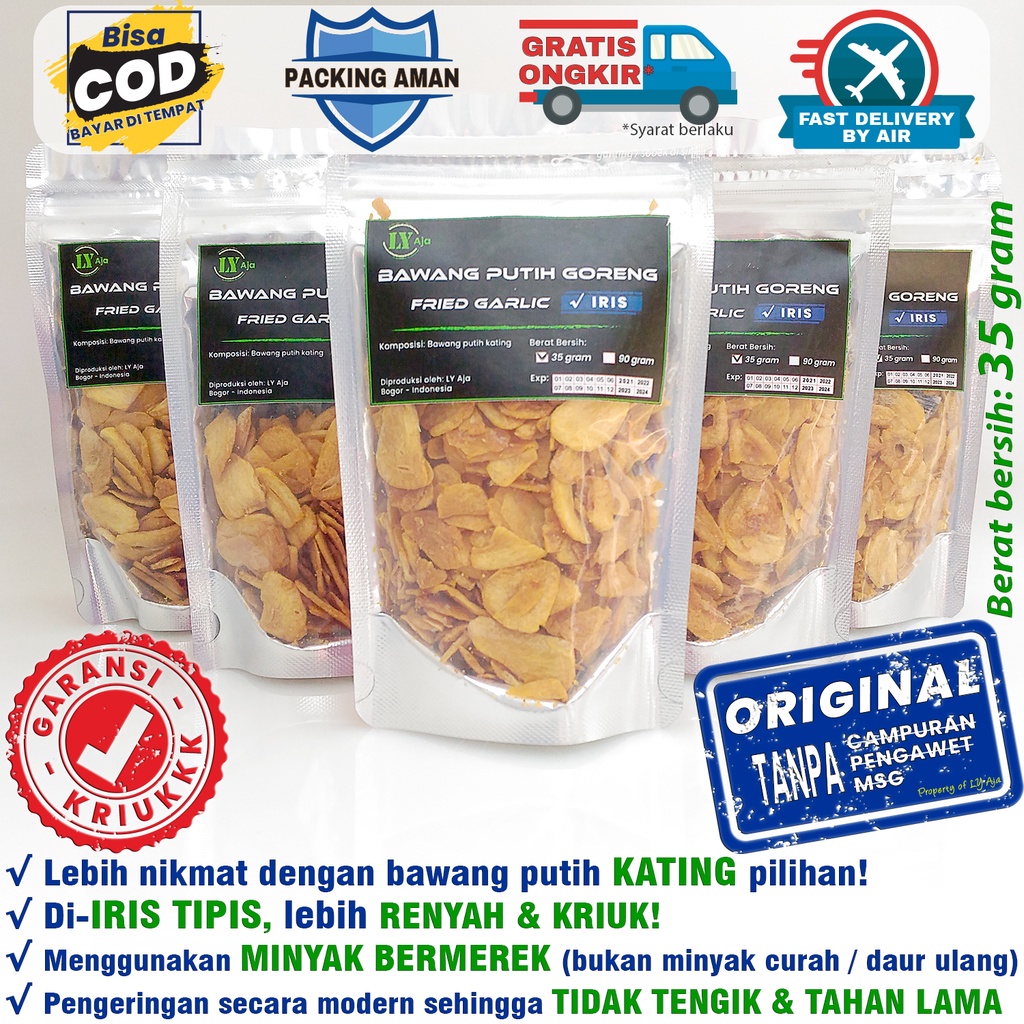 Bawang Putih Goreng Iris 35 Gram Asli Grade A Premium LY Aja Murni Honan Kating Tanpa Tepung 35 Gr