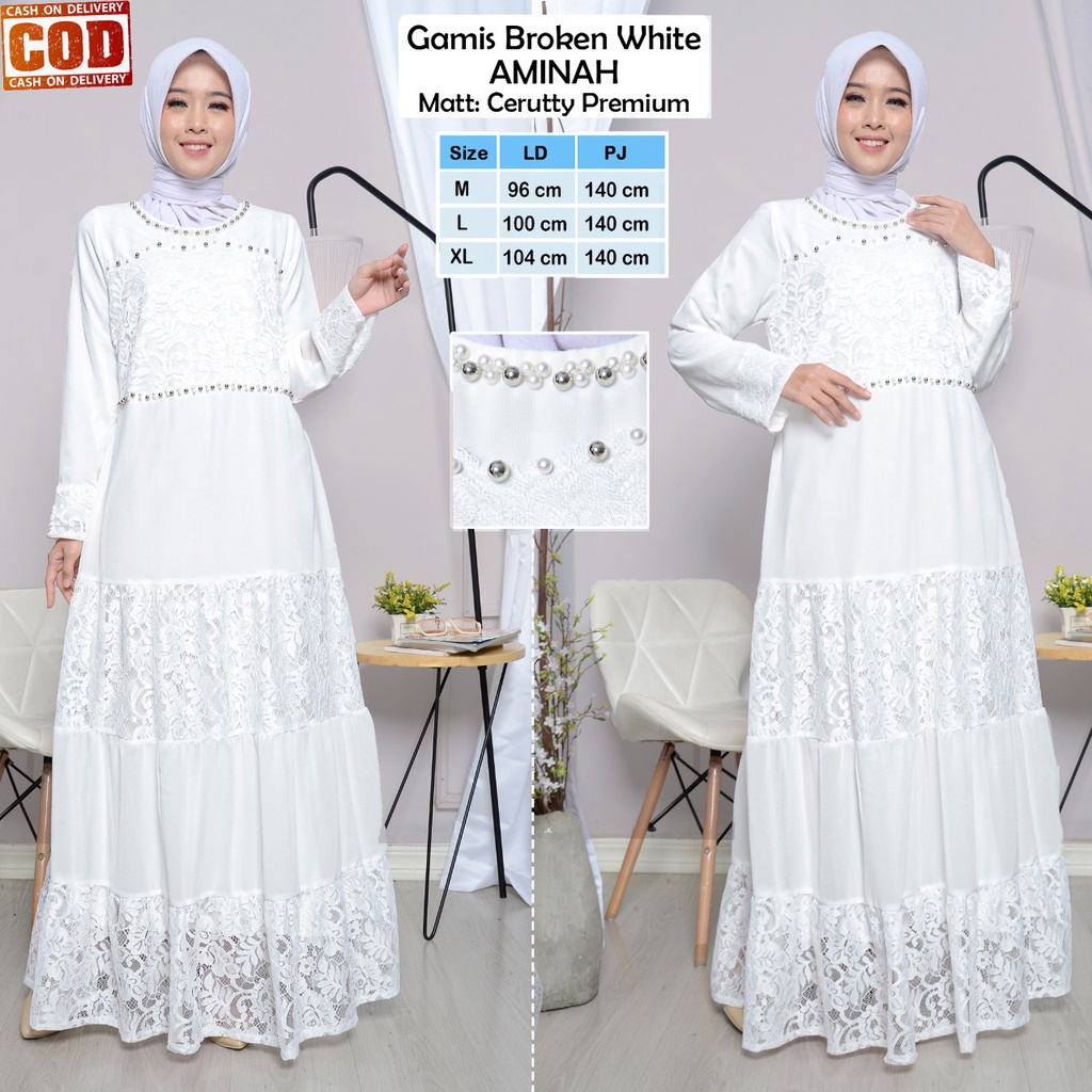 Gamis Syari Brukat Putih Mewah Elegan 2023 Cantik | Pakaian Muslim Lebaran Wanita Modern Model Terba