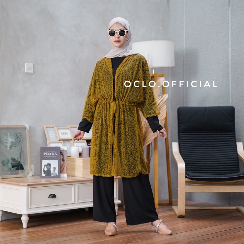 Oclo Nuppy Lace Outer Casual Atasan Tunik Wanita Brukat Renda Lengan Panjang OCL00646