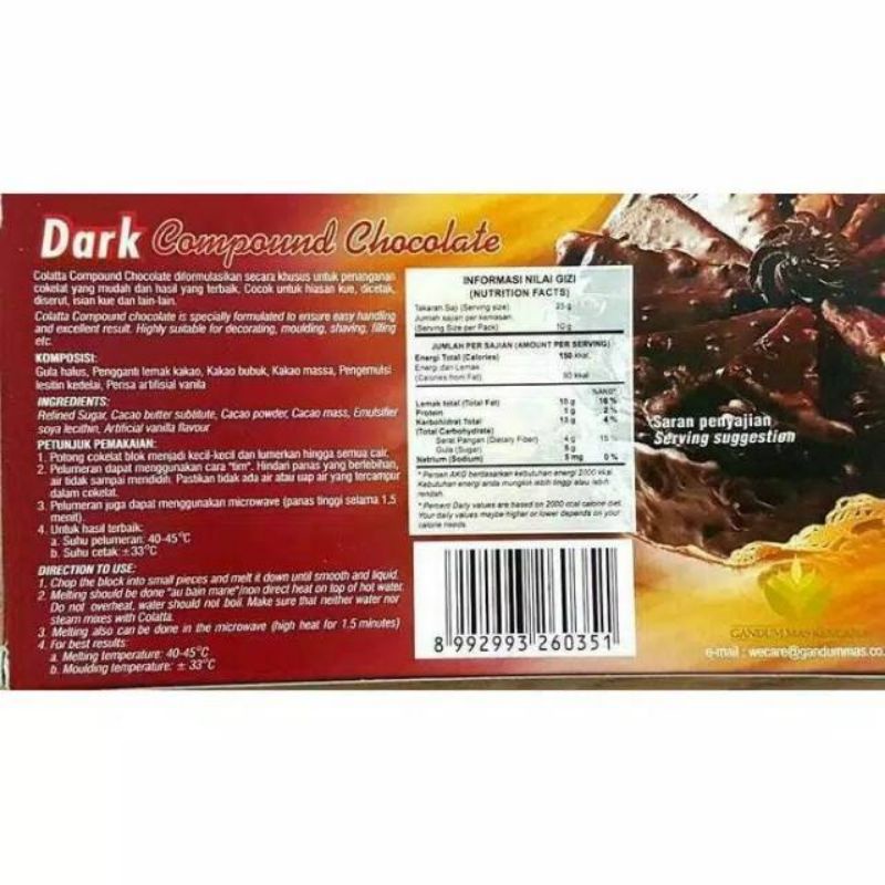 Coklat cokelat masak dark white milk strawberry compound chocolate colatta 250 gram