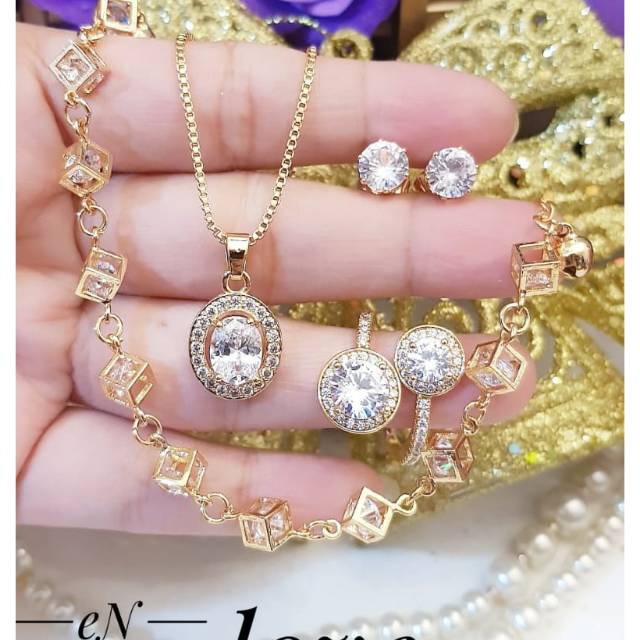 (JUL) Set Perhiasan Lapis Emas Xuping Gelang Cincin Anting Kalung Permata Berlian Gold Titanium