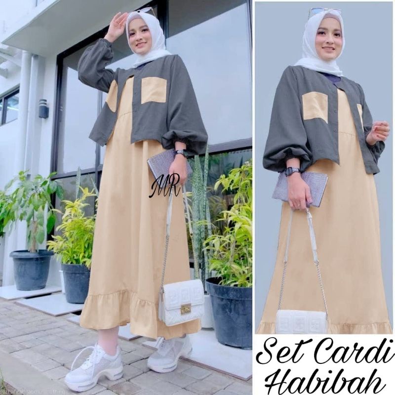 SET LONG DRESS CARDI HABIBAH 2IN1, MOSCREPE, GAMIS HIJAB MUSLIM, SETELAN CARDIGAN, 4 UKURAN