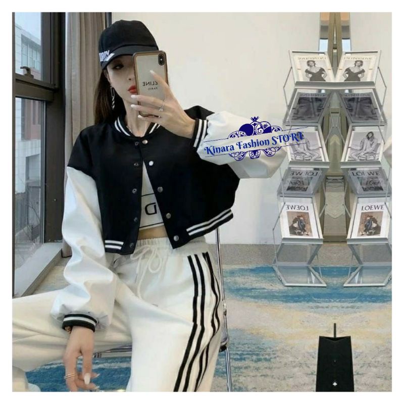 Varsity Cropped Base Ball Two Tone Jacket | Jaket Baseball Wanita Crop Bahan Fleece Tebal Premium Outer Varsity Polos Korean style