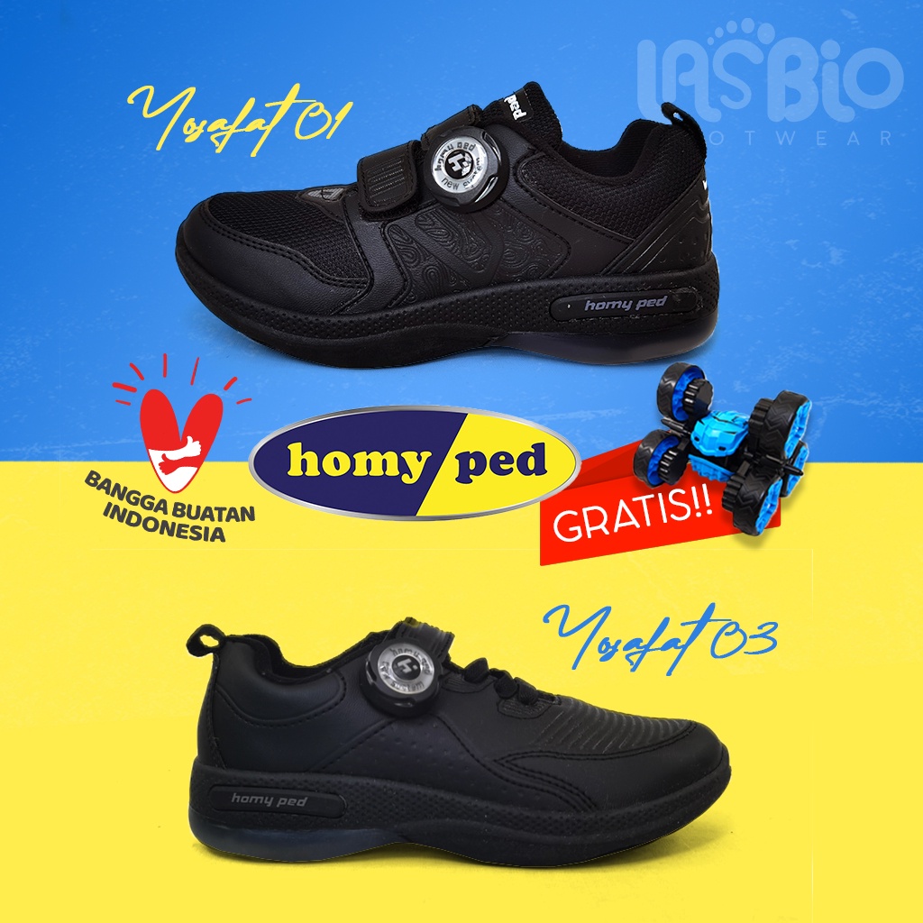 GRATIS MAINAN!! Homyped - Yosafat 01 Sepatu Sekolah Anak Warna Hitam All Black