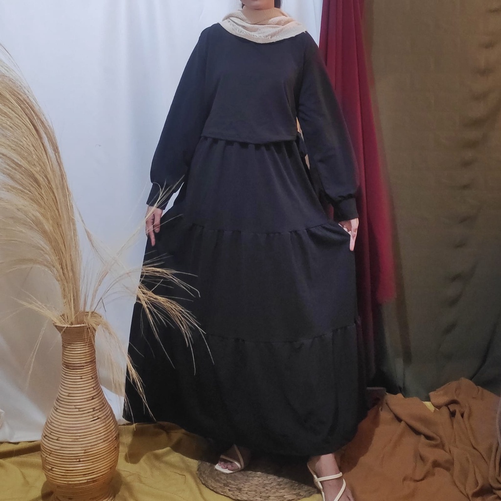 Dailythings Gamis Agnia BUSUI Selempang Tangan Balon Ukuran Fit L sampai XXL LD 100cm Panjang 130cm