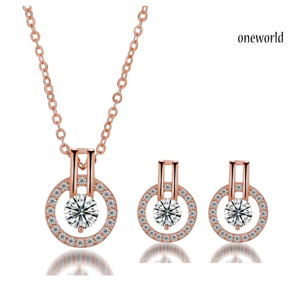 OW@ Women Full Cubic Zirconia Hollow Round Pendant Necklace Stud Earrings Jewelry Set