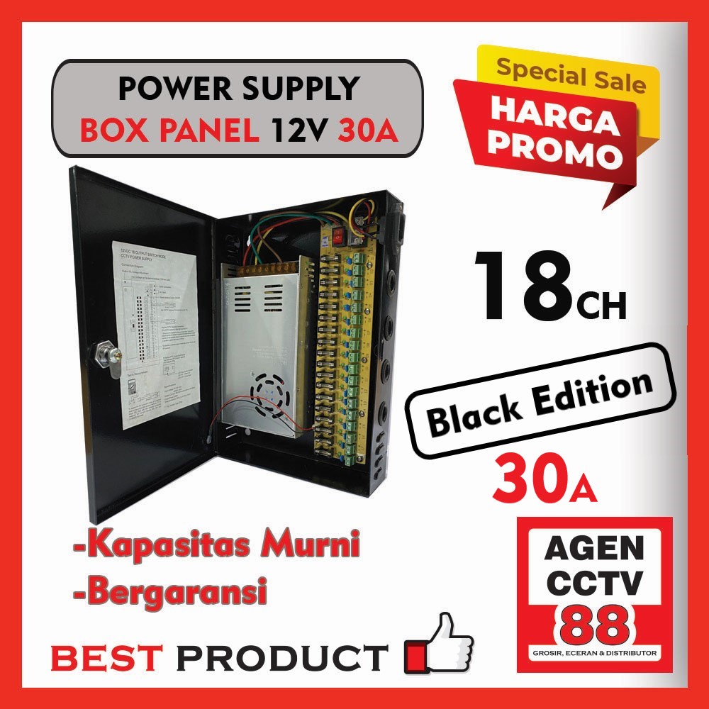 Power Supply PSU Box Panel DC 12V 30A Murni Adaptor CCTV 18CH Black / Hitam