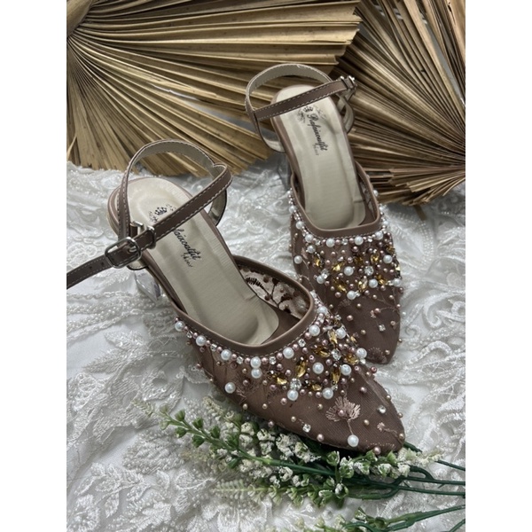 sepatu wanita wedding moccca diamont tali 7cm kaca