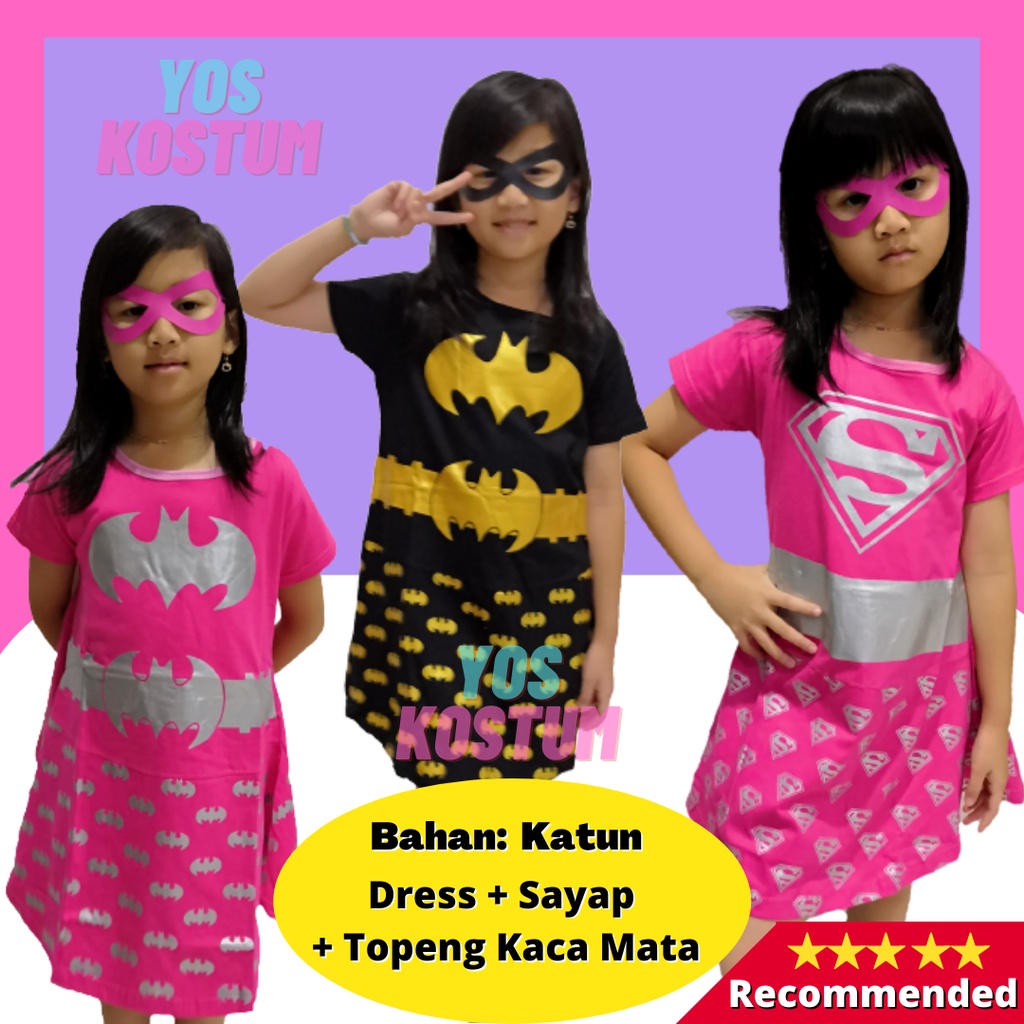 Kostum Anak Perempuan Supergirl Bat Girl Pink Silver Foil Baju Dress Superhero 2 - 8 Tahun Ultah