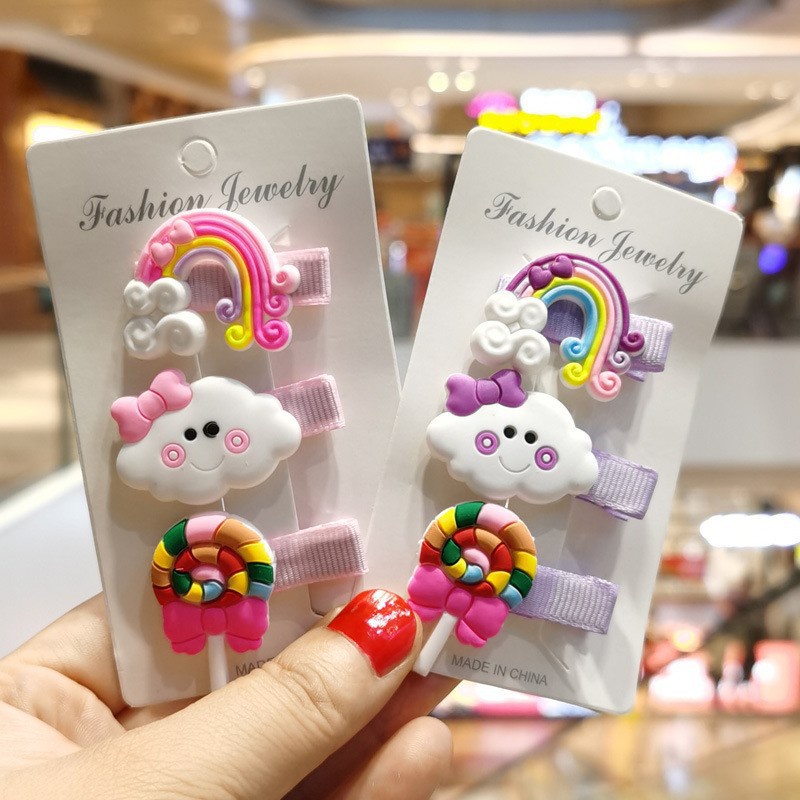 WJ394 Jepitan Rambut 1 Set Isi 3pcs Hair Clip Rainbow Lollipop / Aksesoris Rambut Pelangi Anak