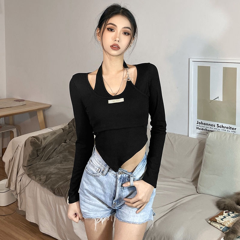 kaos wanita korean style 22 girl milk apricot small design halter chain fake two-piece long-sleeved