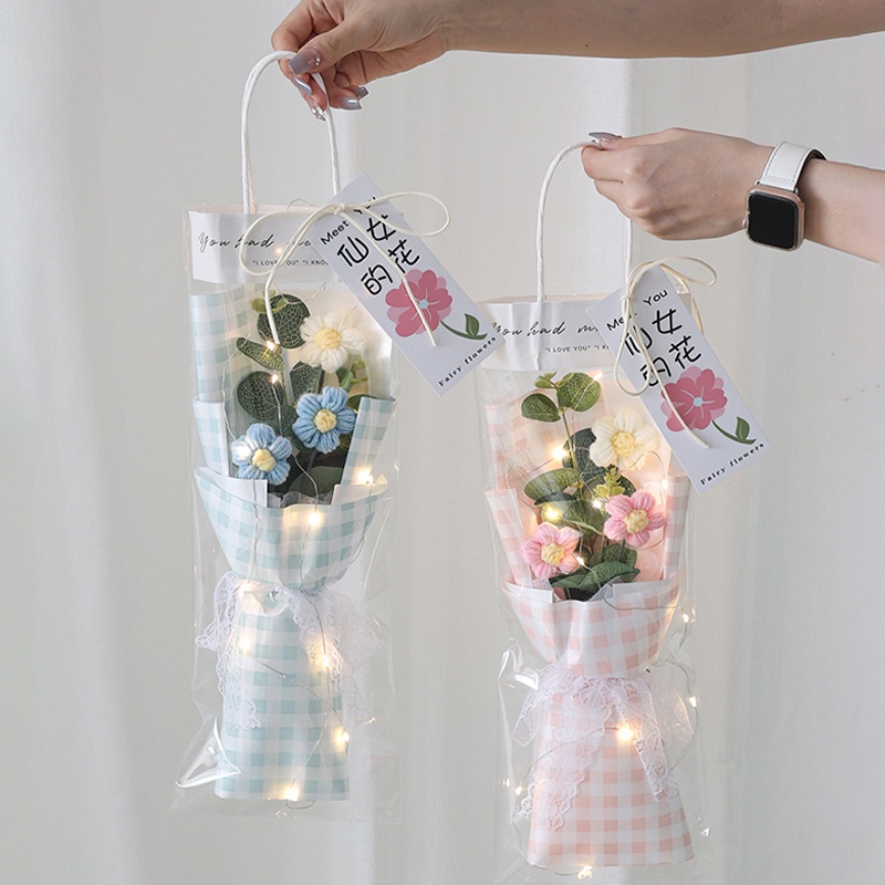 Hand-knitted Crochet Flower Bouquet Artificial Flower Gift Bag Led Light String Set Kreatif Kerajinan Tangan Hadiah Dekorasi Rumah