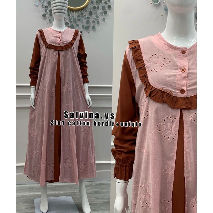 gamis 2 in 1 katun bordir + uniqlo / salvina ys