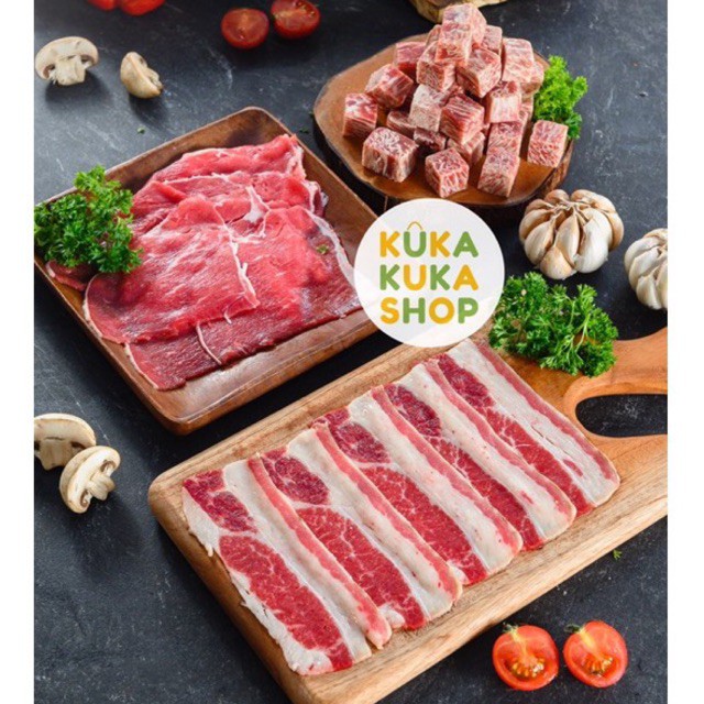 Bundling Beef Slice AUST Low Fat 500gr + US Shortplate 500gr + Wagyu Saikoro Cubes 1 Kg