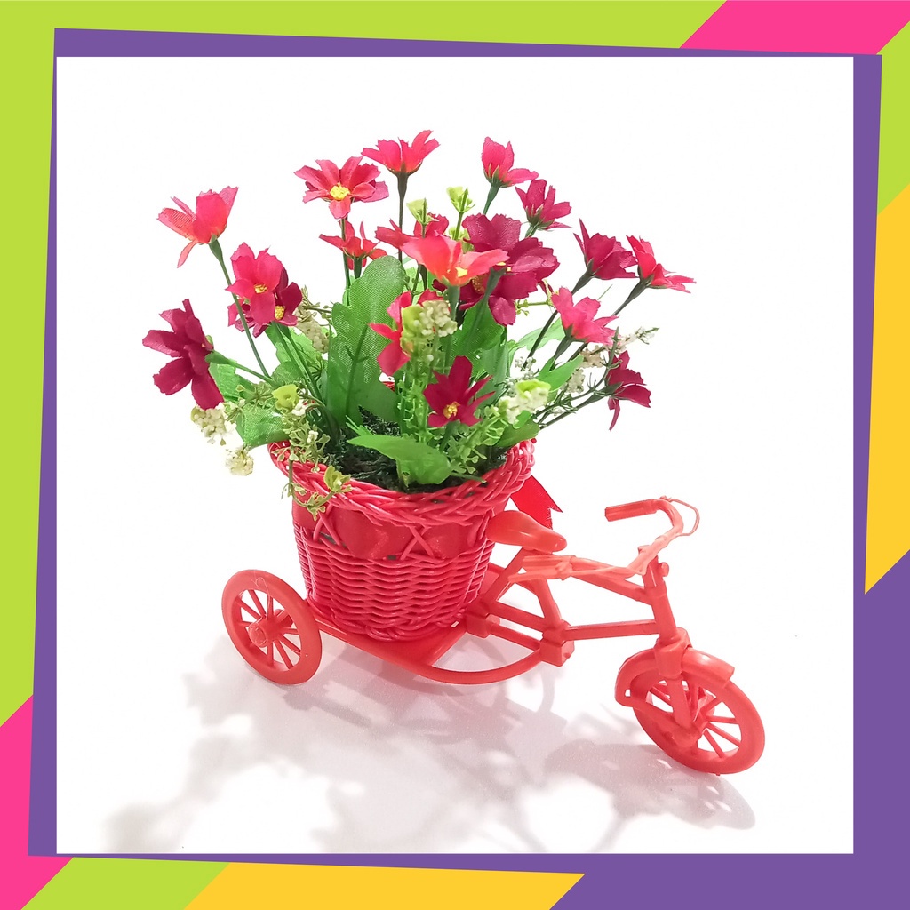 1580D2 / Pot bunga sepeda rotan plus bunga Artificial / Vas bunga plus tanaman hias Artificial