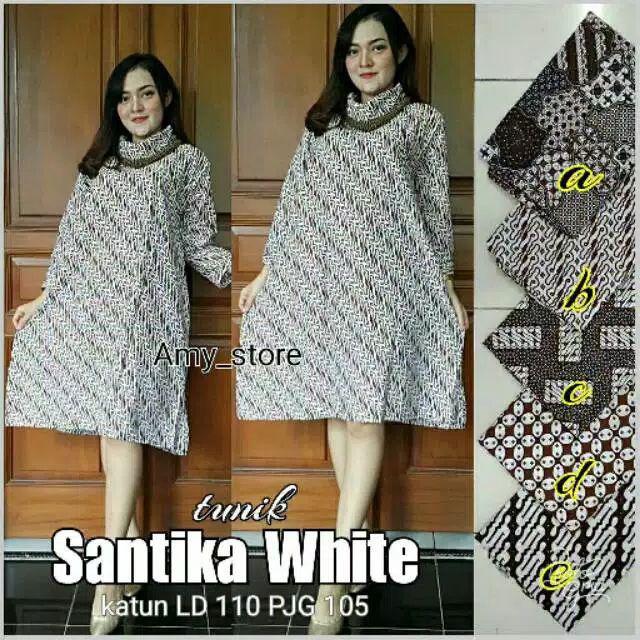 Tunik Santika White Jumbo Batik Seragam Kantor Wanita Kerja Turtle Neck Vintage Bledak Jarik