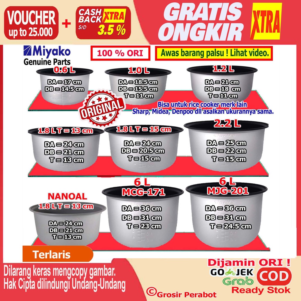 Panci Miyako 0.6 L 1.0 L 1.2 L 1.8 L 2.2 Liter Panci Rice Cooker Magic Com Magiccom Megicom Teflon Daleman Anti Lengket  Miyako Original 0.6 L 1.0 L 1.2 L 1.8 L 2.2 Liter MCM 606 512 612 686 528 507 516 598 509 A B SBC BTK WYG PRG PSG 607