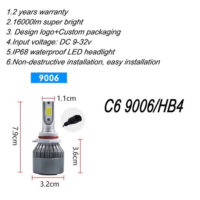 Lampu C6 LED 36 W COB Mobil Motor SOCKET 9006 HB4