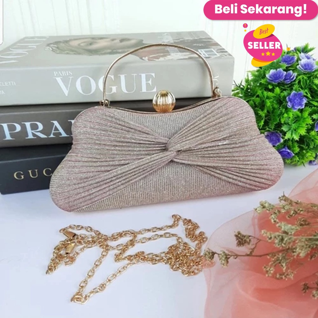 RICHY TAS CLUTCH PESTA/KONDANGAN UNIK MEWAH KAIN GLITTER SERIES - Champagne