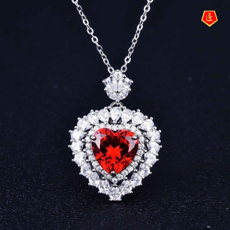[Ready Stock]Heart-Shaped Natural Red Garnet Necklace Ring Earings Set
