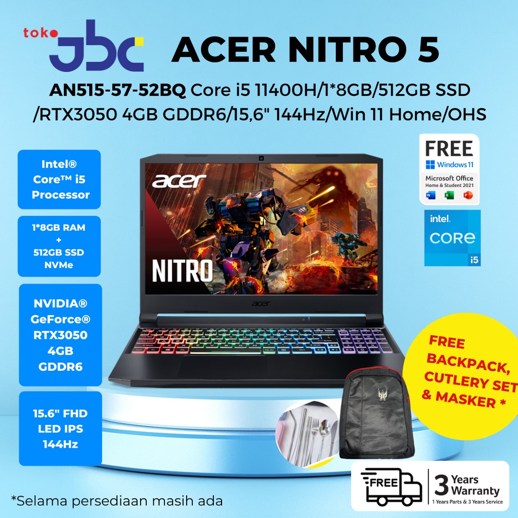 Laptop Gaming ACER NITRO 5  Core i5-11400H 8GB 512GB-SSD RTX3050-4GB 144Hz