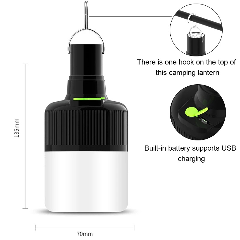 1 Pc Lampu Bohlam LED USB Rechargeable Bahan ABS Dengan Kait Untuk Camping