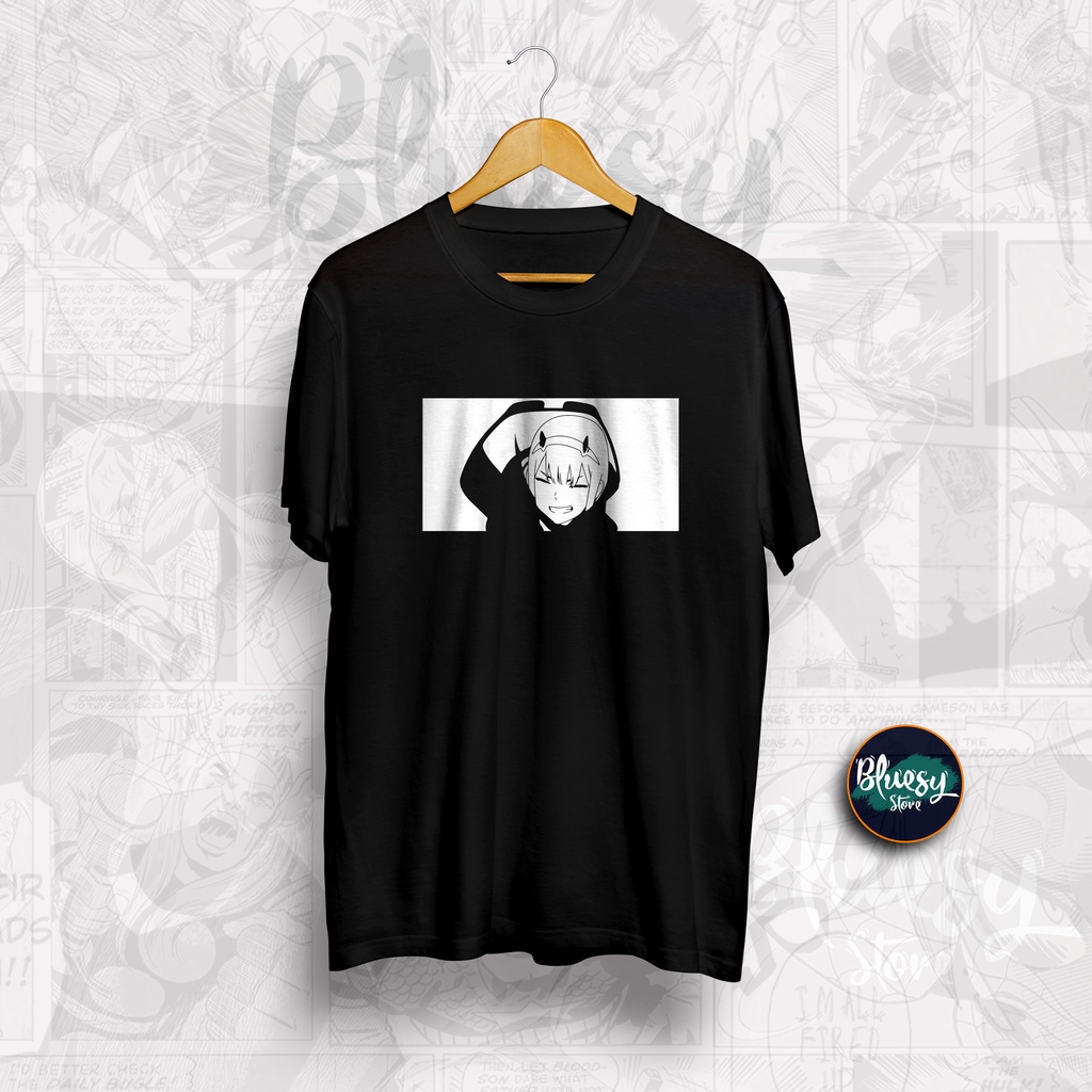 Kaos ANIME ZERO TWO 002 DARLING IN THE FRANXX ONI X HIRO / BAJU ANIME DARLING IN THE FRANXX 002 ZERO TWO BLUESYCLOTH