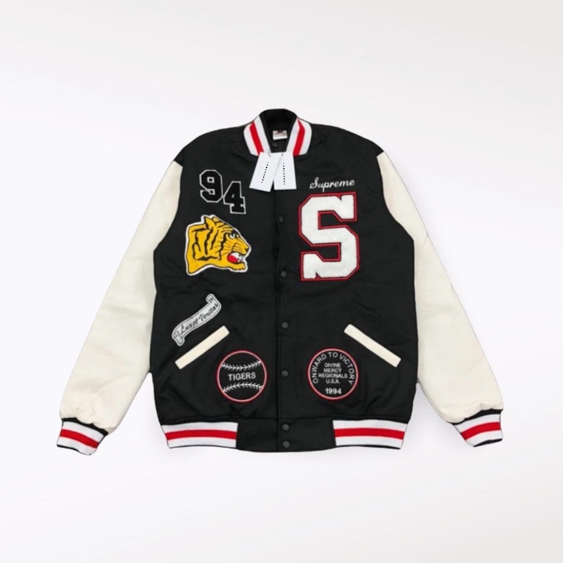 94 S BLACK WHITE VARSITY JACKET LEATHER