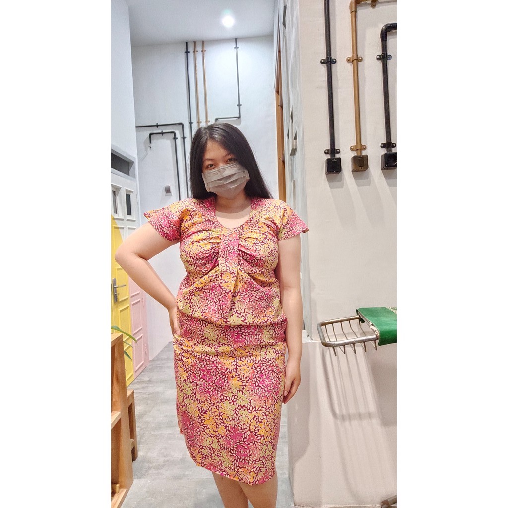 DRESS BUTIK BATIK SURABAYA MOTIF BUNGA PINK KUNING Kode D052 UKURAN XL