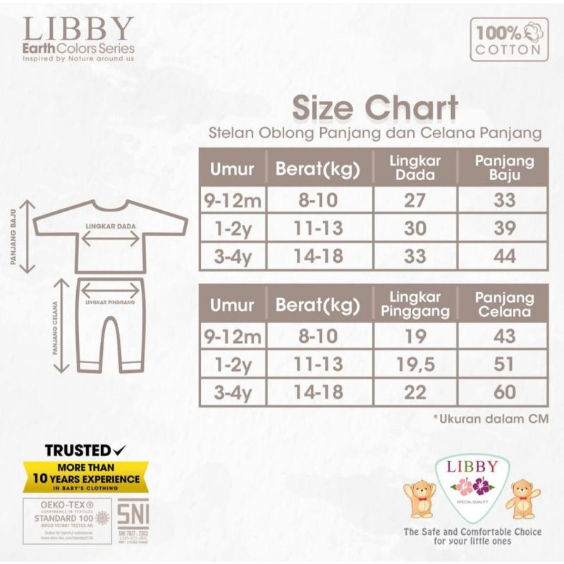 LIBBY EARTH COLORS Fave Series Setelan Lengan Panjang Celana Panjang Bayi Anak Warna Polos 9-12M, 1-2Y, 3-4Y