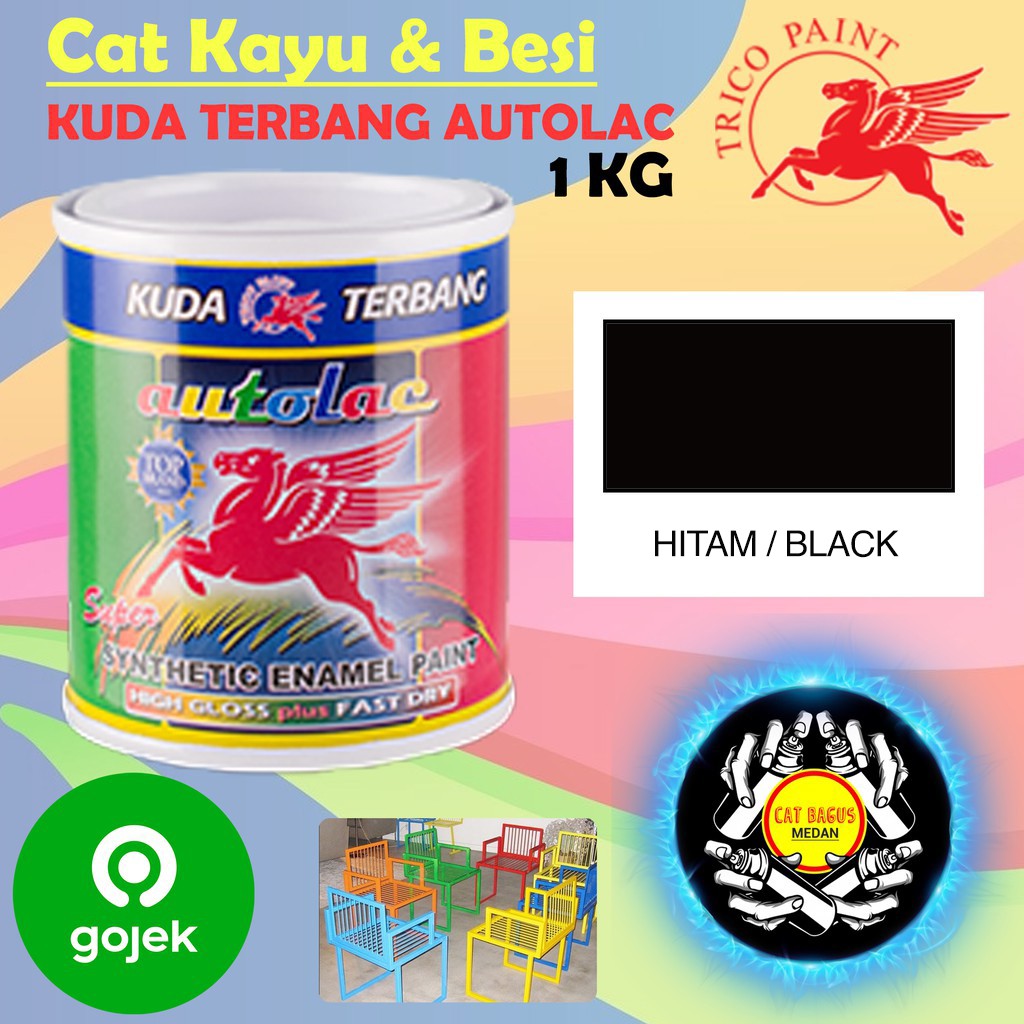 CAT MINYAK KAYU DAN BESI KUDA TERBANG AUTOLAC 1 KG 1KG WARNA HITAM BLACK CAT KUSEN PINTU ENAMEL ANTI KARAT ANTI RAYAP 1L TERMURAH DI MEDAN BINJAI