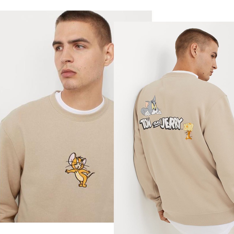 CREWNECK PRIA NASA H&amp;M TOM &amp; JERRY FULL CREAM SABLON PLASTISOL BAHAN TEBAL