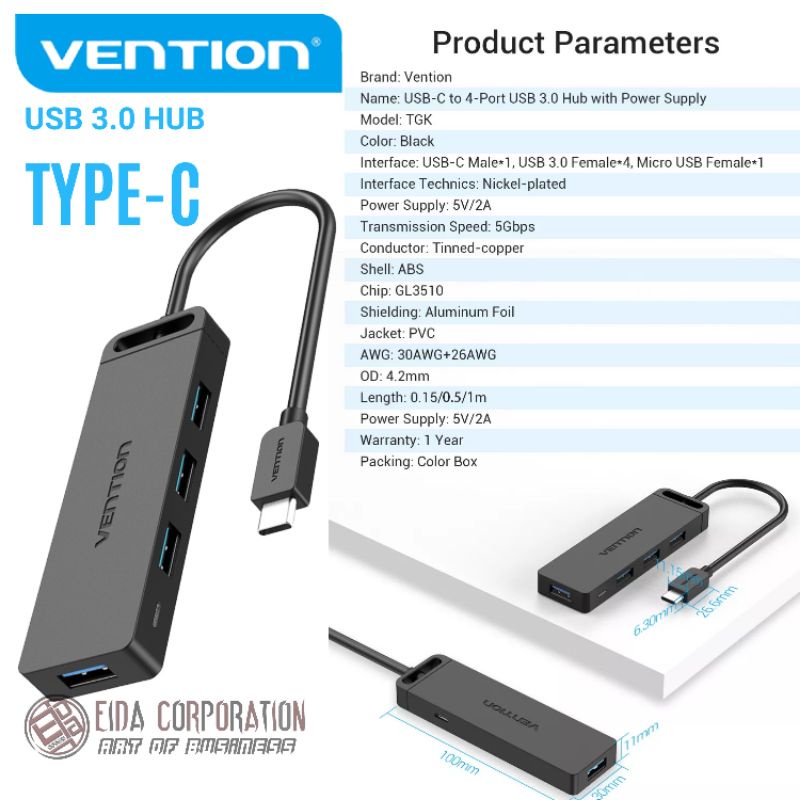 Vention TGK Hub Adapter Tipe-C  To 4 Port Usb 3.0 Kecepatan Tinggi With Power Supply