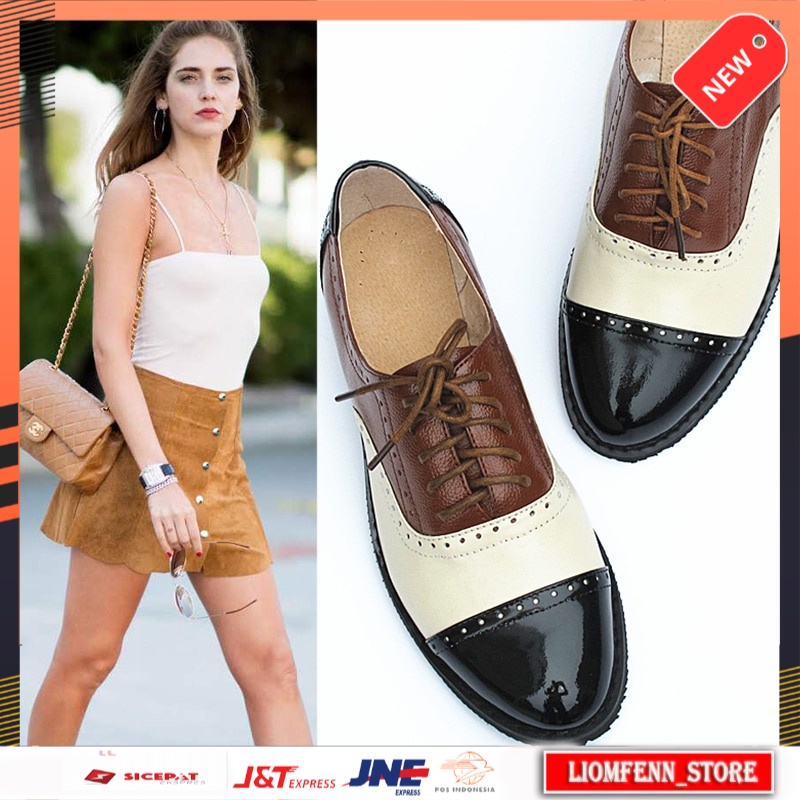 Sepatu Oxford Wanita Import Women's Flat Shoes Plus Size Flats Color Matching Genuine Leather Oxford