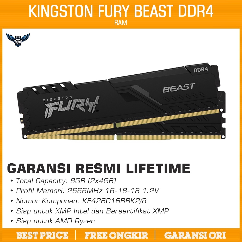 RAM KINGSTON FURY BEAST 8GB KIT 2666 (2x4GB) ram pc ddr4 2666mhz black