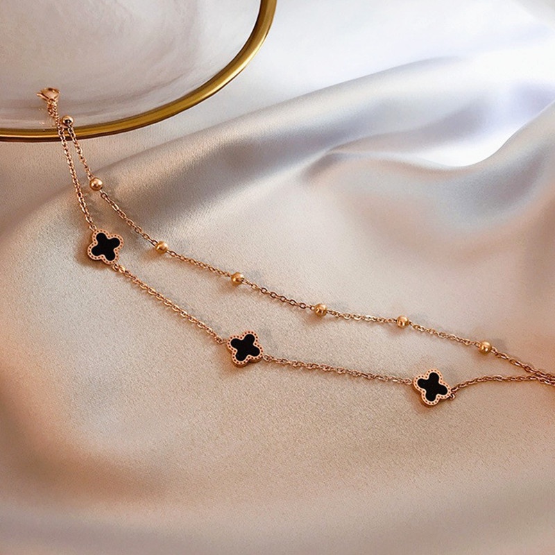 Gelang Titanium 2 Layer Semanggi Beruntung Wanita Anti Karat Emas 18k Korea Aksesoris-4