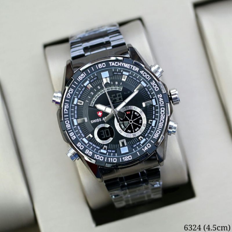 Jam Tangan Pria Swiss SA6324 Digital Analog Rantai Stainless Steel Free Box
