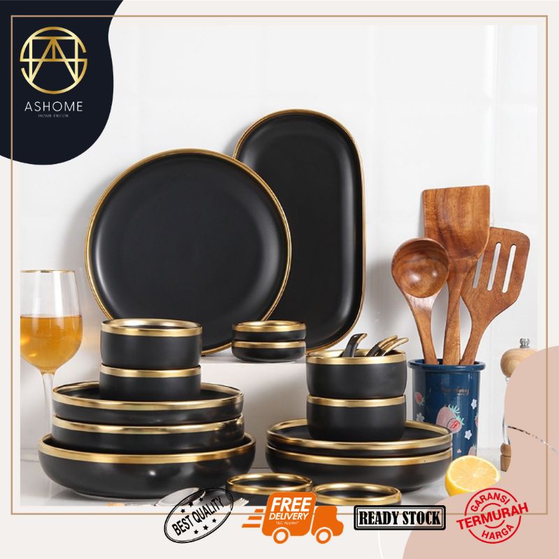ASHOME Piring Keramik Set Lengkap Warna Black Gold isi 10 Pcs / Piring Keramik Makan Hitam Set Lengk