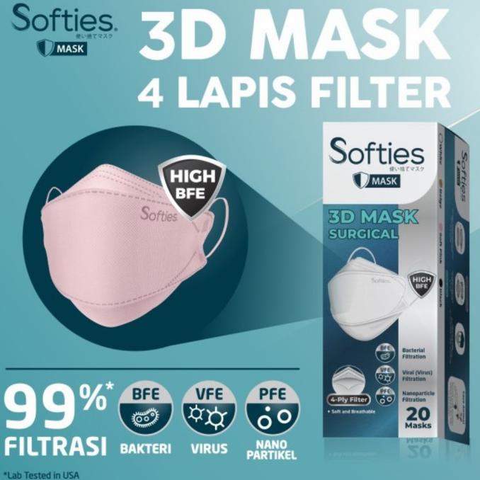 Best Seller Softies 3D Mask Surgical 4Ply Isi 20/Masker Medis Kf94 Softies 4 Ply - Soft Pink