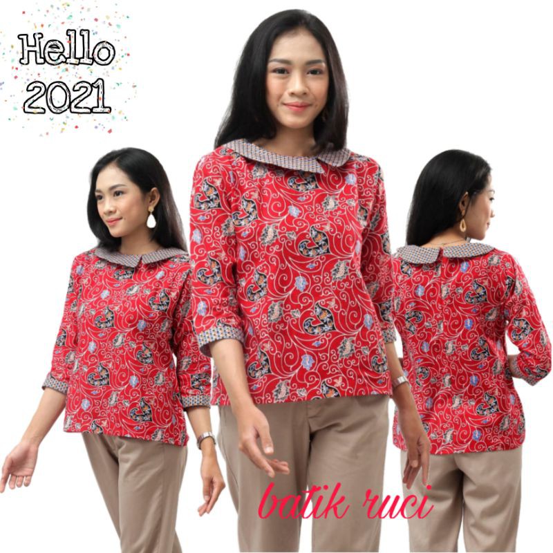 Harga Gila Batik Wanita Blouse Atasan Berkerah Besar  Warna Merah Size  S-m-l-xl-xxl-3l-4l-5l DxLbVYUElBMXk