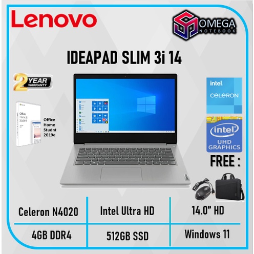 LAPTOP LENOVO IDEAPAD SLIM 3i 14 N4020 Ram 4GB 512SSD W11+OHS 14.0&quot; HD