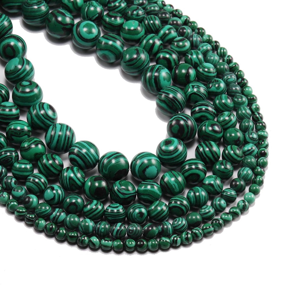 1 Untai / Lot Manik-Manik Batu Malachite Hijau Bentuk Bulat Ukuran 4 6 8 10 12mm Untuk Membuat Perhiasan Gelang Diy