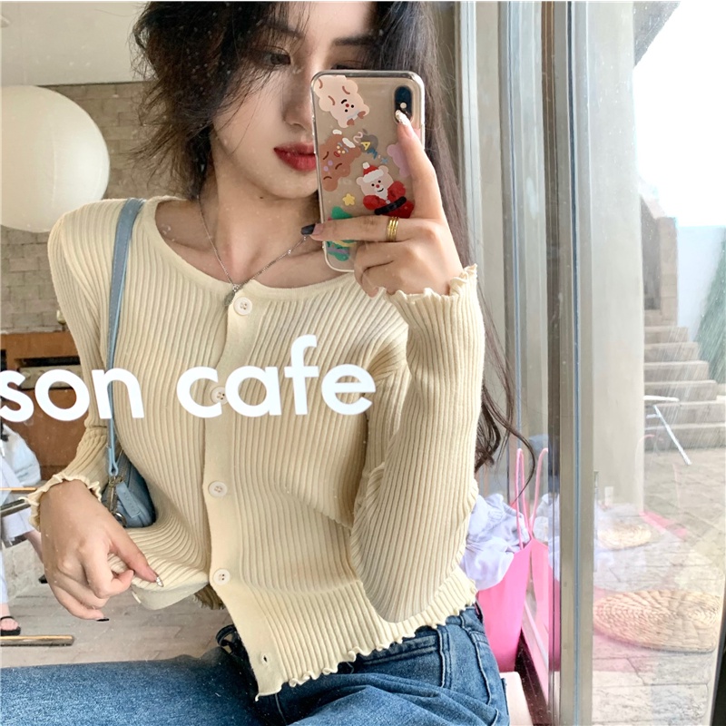 korea warna solid leher bulat kardigan rajut lengan panjang crop top fashion Atasan wanita