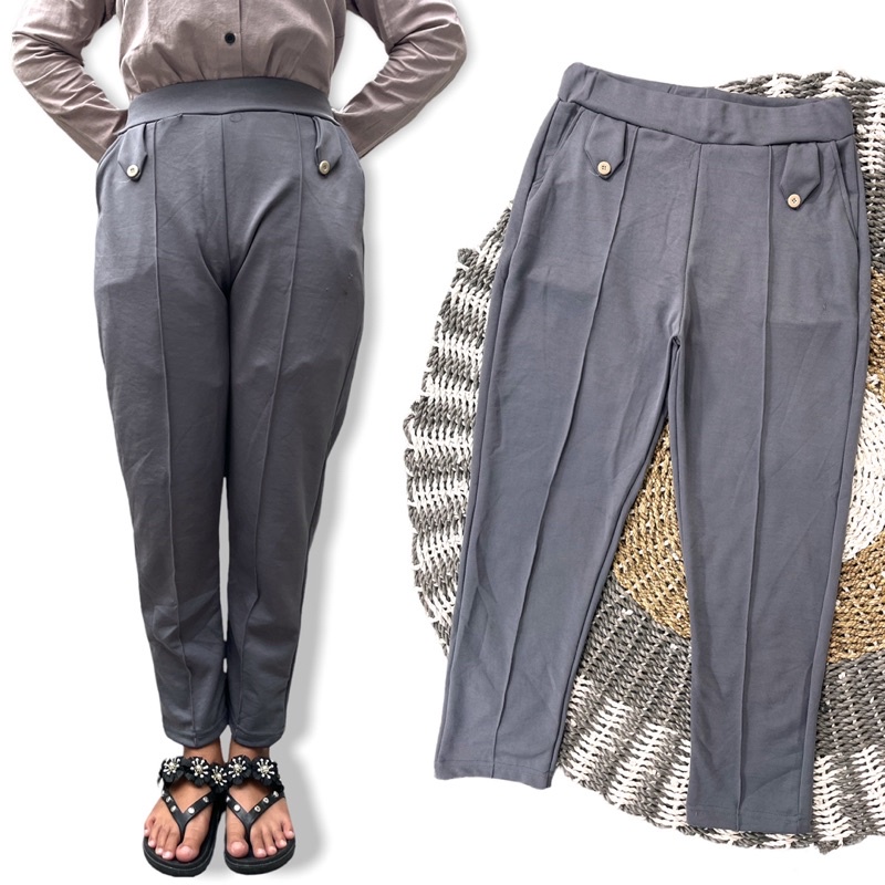 CELANA WANITA PANJANG POLOS HITAM JUMBO BIG SIZE PINGGANG KARET SCUBA HIGHWAIST CELANA KANCING BAWAH PENSIL CELANA KERJA MURAH LEGGING MELAR
