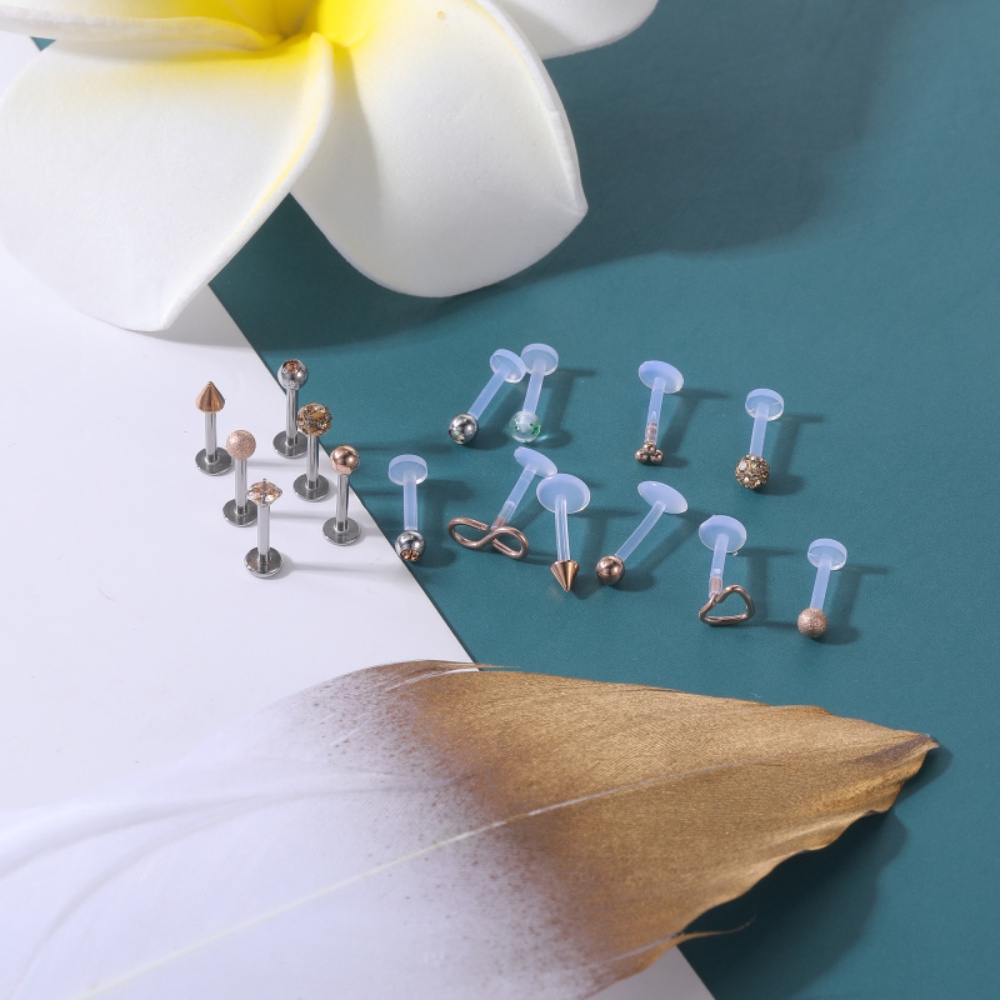 1 Set Anting Stud Kristal Akrilik Warna-Warni Bahan Stainless Steel Untuk Tindik Bibir Telinga