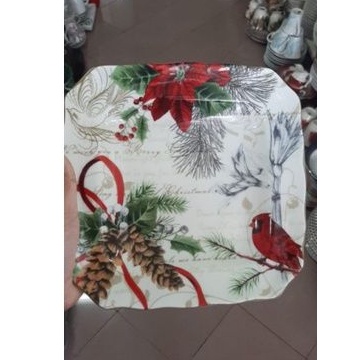 SQUARE SALAD PLATE PIRING KERAMIK SANGO MOTIF NATAL BURUNG MERAH CHRISTMAS DEKOR PAJANGAN HIASAN