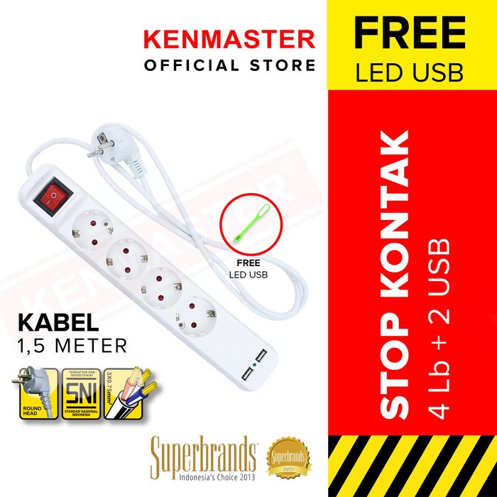 KENMASTER Stop Kontak 4 Lubang + 2 USB