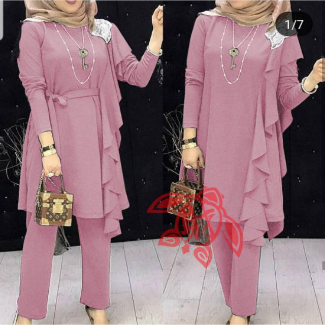 COD SETELAN WANITA NAURA /SETELAN TUNIK JUMBO /ONE SET POLOS/ SETELAN NUMBO / FASHION MUSLIM LAYER-Dusty
